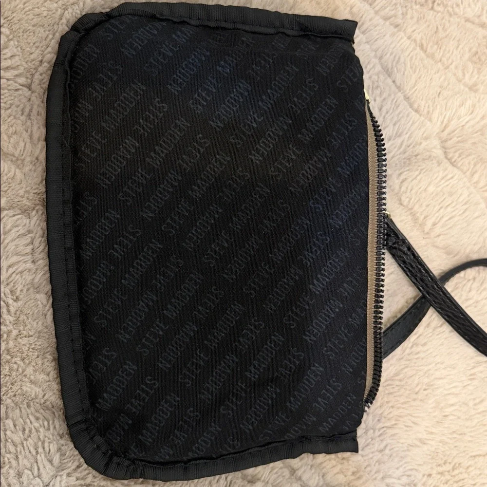 Steve Madden tan taupe, wristlet wallet, clutch black strap, gold accents GUC